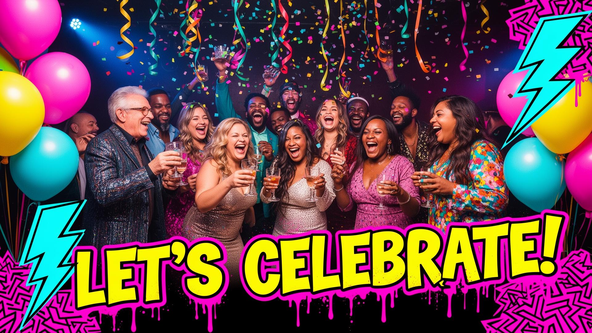Vibrant party celebration with confetti and balloons